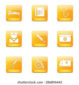 Hospital Health Square Vector Yellow Icon Design Set