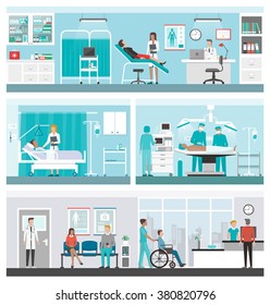 Hospital and healthcare banner set: doctors working in the office, ward, surgery, reception and patients waiting in the corridor