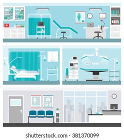 Hospital and healthcare banners set, doctor office, ward, surgery operating room, waiting room and reception
