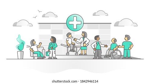 Hospital as healthcare medical ambulance or clinic monocolor outline concept. Emergency sick patients treatment and professional doctors vector illustration. Disease and illness aid and help scene.