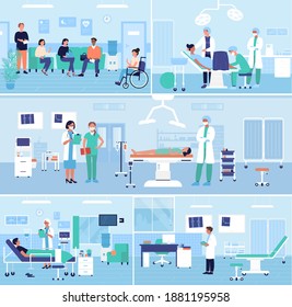 Hospital healthcare medical office interior vector illustration set. Cartoon people outpatients waiting doctor exam in reception, hospitalized patients lying in surgical ward bed or surgery operating