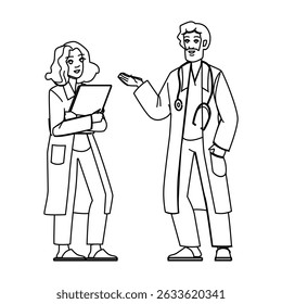 hospital healthcare professionals at work vector. medical clinic, health professional, talking medicine hospital healthcare professionals at work character. people black line drawing illustration