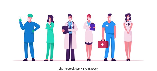 Hospital Healthcare Staff, Doctor Characters in Medical Masks and Robe during Covid19 Pandemic. Surgeon, Nurse in Uniform in Clinic. Medicine Profession, Occupation. Cartoon People Vector Illustration