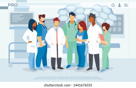 Personal sanitario del Hospital, Médicos en Equipo Médico con Stethoscope, Cirujanos, Enfermeras Portátiles, Clínica, Profesional Médica, Ocupación. Ilustración de vectores planos de caricatura, pancarta horizontal