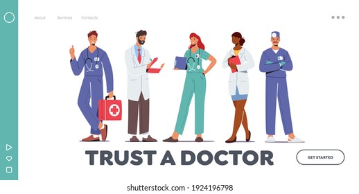 Hospital Healthcare Staff Landing Page Template. Doctor Characters in Medical Robe with Stethoscope Holding Notebook, Surgeon in Uniform, Nurse in Clinic. Medicine. Cartoon People Vector Illustration