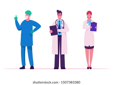 Hospital Healthcare Staff. Male and Female Doctors in Medical Robe with Stethoscope Holding Notebook, Surgeon Wearing Face Mask. Clinic Medicine Profession Occupation. Cartoon Flat Vector Illustration