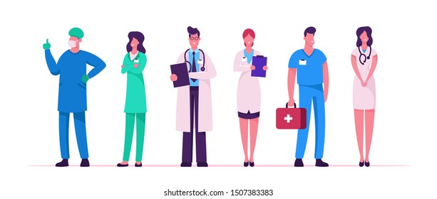 Hospital Healthcare Staff Set. Doctors in Medical Robe with Stethoscope Holding Notebook. Surgeon Character in Uniform, Nurse Clinic, Medicine Profession Occupation. Cartoon Flat Vector Illustration