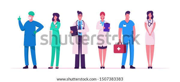 Hospital Healthcare Staff Set. Doctors in Medical Robe with Stethoscope Holding Notebook. Surgeon Character in Uniform, Nurse Clinic, Medicine Profession Occupation. Cartoon Flat Vector Illustration