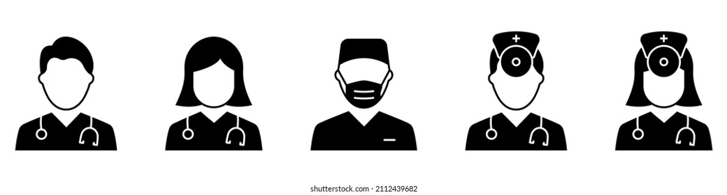 Hospital Healthcare Staff Silhouette Icon. Nurse, Otolaryngologist, Surgeon Icon. Male and Female Professional Doctors Pictogram. Isolated Vector Illustration.