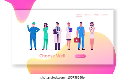 Hospital Healthcare Staff Website Landing Page. Doctors in Medical Robe with Stethoscope, Surgeon and Nurses. Clinic Medicine Profession Occupation Web Page Banner. Cartoon Flat Vector Illustration