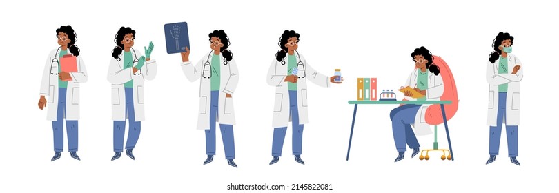 Hospital healthcare staff at work. Female doctor in medical robe take on gloves, look op xray, laboratory research, therapist with stethoscope and clipboard, Cartoon linear flat vector illustration