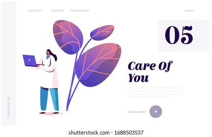 Hospital Healthcare Staff at Work Landing Page Template. Female Doctor Character Gastroenterologist Wear White Medical Robe Holding Laptop. Medicine Profession, Occupation. Cartoon Vector Illustration