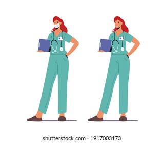 Hospital Healthcare Staff at Work. Medicine Profession Occupation. Female Doctor in Medical Robe with Stethoscope Holding Notebook in Hands, Stands in Clinic Chamber. Cartoon People Vector Illustration