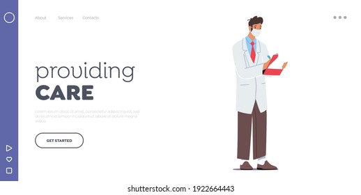 Hospital Healthcare Staff at Work. Medicine Profession Landing Page Template. Doctor Character in Medical Robe and Mask Write in Clipboard with Pen Stand in Clinic Chamber. Cartoon Vector Illustration