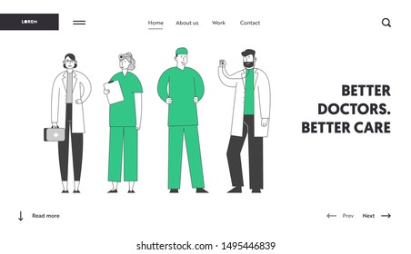 Hospital Healthcare Staff at Work Website Landing Page. Doctors and Nurses Stand in Row Speaking and Communicating in Clinic, Medicine Occupation Web Page Banner. Cartoon Flat Vector Illustration