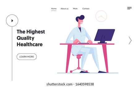 Hospital Healthcare Staff at Work Website Landing Page. Male Doctor in White Medical Robe Working on Computer Sitting at Desk. Medicine Profession Web Page Banner. Cartoon Flat Vector Illustration