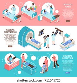 Hospital horizontal banners set with hospital ward symbols isometric isolated vector illustration