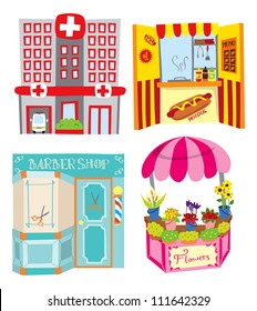 hospital - hotdog booth - barber shop - flower shop