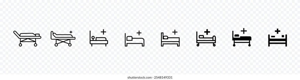 Hospital icon, Hospital bed icon, Set of Hospital bed icons in flat, signs of hospital bed, Pack of linear symbols of hospitals bed