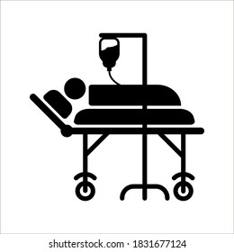Hospital icon, black isolated icon with medical cross and person in bed symbols