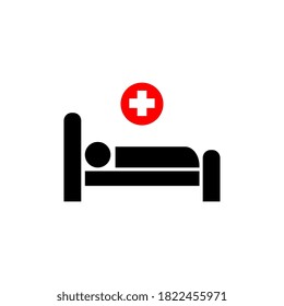 Hospital icon, black isolated icon with red medical cross and person in bed symbols, vector illustration.