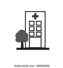 Hospital icon. Hospital building and tree. Flat design. Vector illustration.