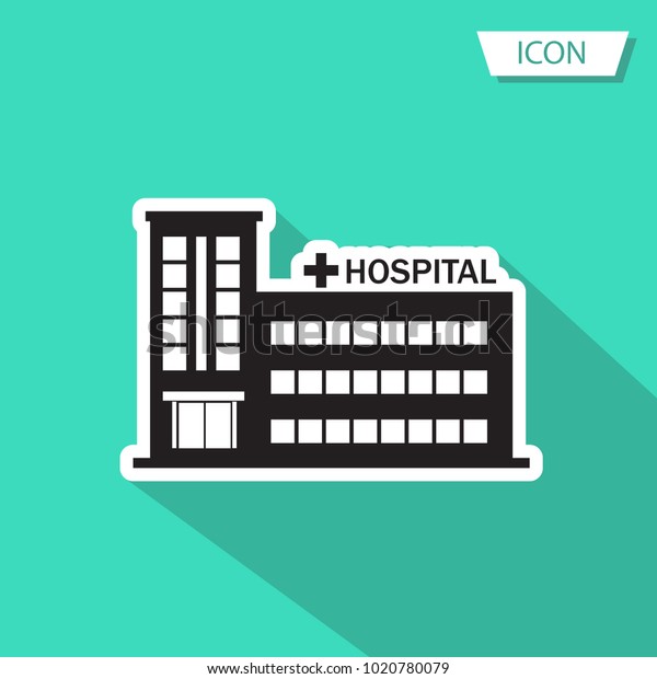 Hospital icon cross building isolated on\
green background.