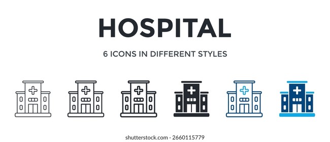 Ícone De Hospital Em Ilustração De Vetor De Estilo Diferente. Projetado Em Linha Fina, Linha Regular, Linha Em Negrito, Glifo, Linha De Cor E Estilo De Glifo De Cor Pode Ser Usado Para Web