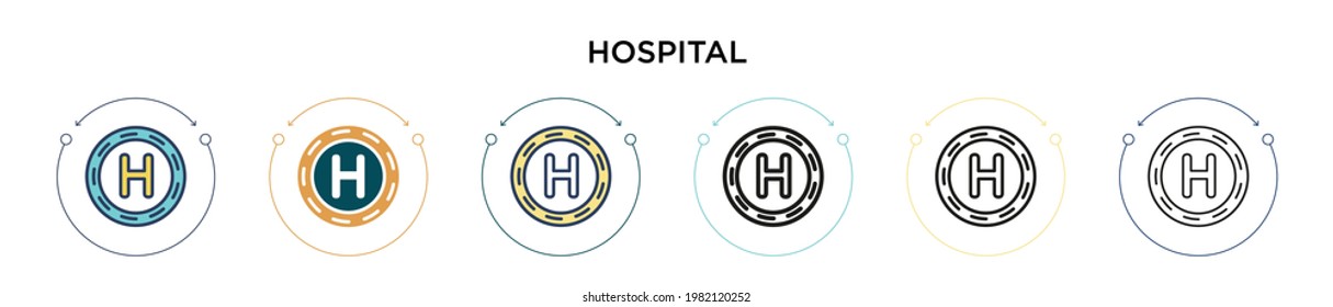Icono del hospital en el estilo relleno, delgado, contorno y trazo. Ilustración vectorial de dos diseños de iconos vectoriales de hospital de color y negro se pueden utilizar para móviles, ui, web