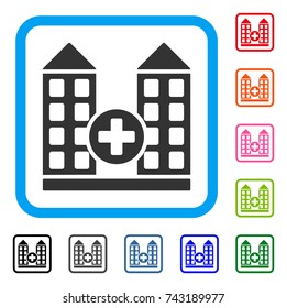 Hospital icon. Flat grey iconic symbol inside a light blue rounded square. Black, gray, green, blue, red, orange color versions of Hospital vector. Designed for web and application user interface.