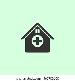Hospital icon flat. Grey vector symbol on green background