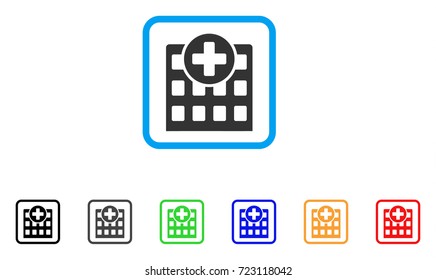 Hospital icon. Flat iconic symbol inside a rounded rectangular frame. Black, gray, green, blue, red, orange color versions of Hospital vector. Designed for web and application UI.