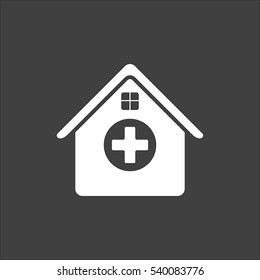 Hospital icon flat. Vector white illustration isolated on black background. Flat symbol