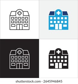 Hospital icon. Healthcare building icon. Icon symbol of clinic, health center, hospital building, red cross, medication place. Vector illustration. Thin line and flat solid design.