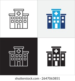 Hospital icon. Healthcare building icon. Icon symbol of clinic, health center, hospital building, red cross, medication place. Vector illustration. Thin line and flat solid design.