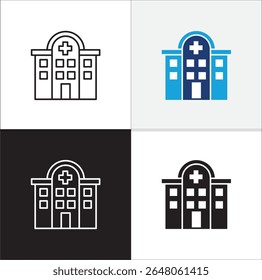 Hospital icon. Healthcare building icon. Icon symbol of clinic, health center, hospital building, red cross, medication place. Vector illustration. Thin line and flat solid design.