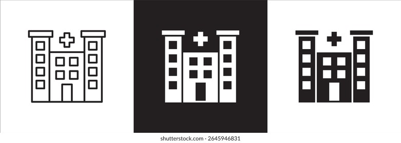 Hospital icon. Healthcare icon. Icon symbol of clinic, health center, hospital building, red cross, medication place. Vector illustration. Thin line and flat solid design.