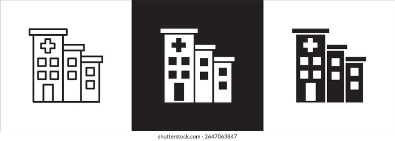 Hospital icon. Healthcare icon. Icon symbol of clinic, health center, hospital building, red cross, medication place. Vector illustration. Thin line and flat solid design.