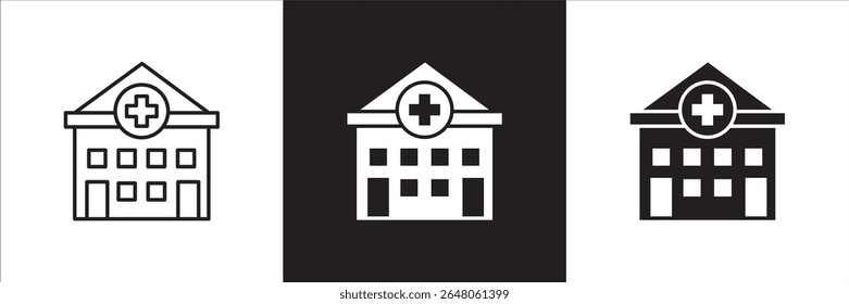 Hospital icon. Healthcare icon. Icon symbol of clinic, health center, hospital building, red cross, medication place. Vector illustration. Thin line and flat solid design.