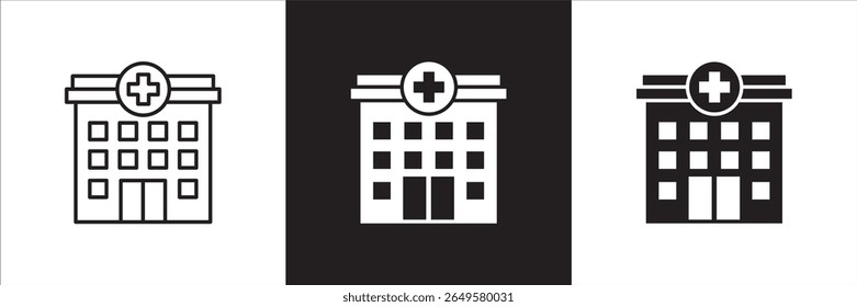 Ícone do hospital. Ícone de saúde. Símbolo de ícone de clínica, centro de saúde, edifício do hospital, cruz vermelha, lugar de medicação. Ilustração vetorial. Linha fina e design sólido plano.