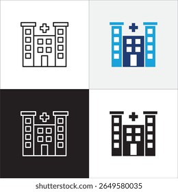 Ícone do hospital. Ícone de saúde. Símbolo de ícone de clínica, centro de saúde, edifício do hospital, cruz vermelha, lugar de medicação. Ilustração vetorial. Linha fina e design sólido plano.
