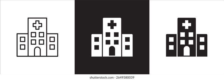 Ícone do hospital. Ícone de saúde. Símbolo de ícone de clínica, centro de saúde, edifício do hospital, cruz vermelha, lugar de medicação. Ilustração vetorial. Linha fina e design sólido plano.