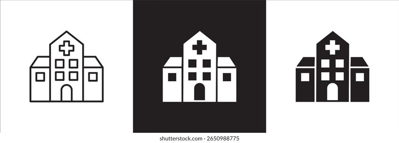 Hospital icon. Healthcare icon. Icon symbol of clinic, health center, hospital building, red cross, medication place. Vector illustration. Thin line and flat solid design.