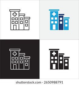 Ícone do hospital. Ícone de saúde. Símbolo de ícone de clínica, centro de saúde, edifício do hospital, cruz vermelha, lugar de medicação. Ilustração vetorial. Linha fina e design sólido plano.