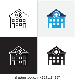 Ícone do hospital. Ícone de saúde. Símbolo de ícone de clínica, centro de saúde, edifício do hospital, cruz vermelha, lugar de medicação. Ilustração vetorial. Linha fina e design sólido plano.