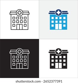 Ícone do hospital. Ícone de saúde. Símbolo de ícone de clínica, centro de saúde, edifício do hospital, cruz vermelha, lugar de medicação. Ilustração vetorial. Linha fina e design sólido plano.