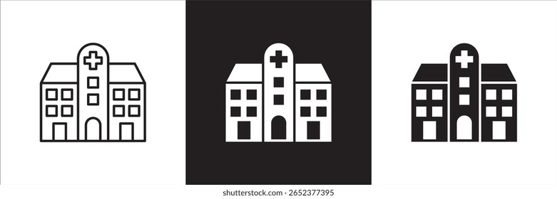 Ícone do hospital. Ícone de saúde. Símbolo de ícone de clínica, centro de saúde, edifício do hospital, cruz vermelha, lugar de medicação. Ilustração vetorial. Linha fina e design sólido plano.