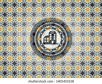 hospital icon inside arabesque badge background. arabic decoration.