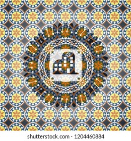 hospital icon inside arabic badge. Arabesque decoration.
