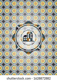 hospital icon inside arabic badge background. Arabesque decoration.